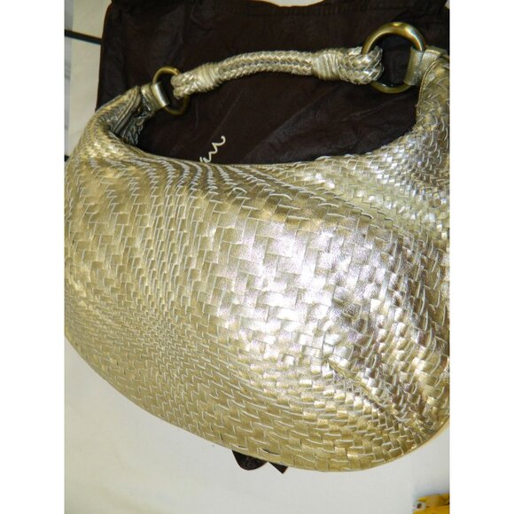 Cole Haan Genevieve Top Zip Hobo Metallic Gold Woven Leather Shoulder Bag - Picture 11 of 16